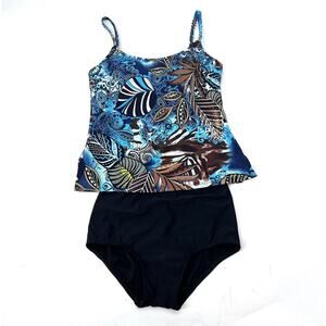Vintage T.H.E. Blue Black Tankini 2 Piece High Waist Swim Suit